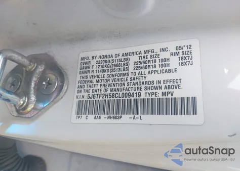 2012 Honda Crosstour Ex-L z USA, uszkodzony, nr VIN 5J6TF2H58CL009419